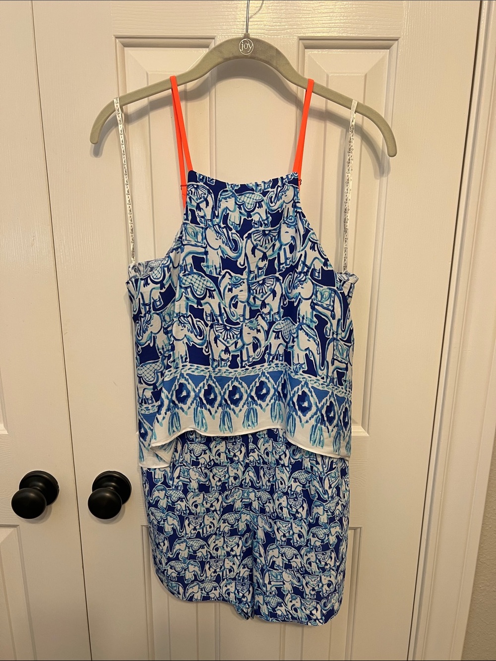 Lilly Pulitzer Navy & Aqua Printed Romper with Neon Orange Straps